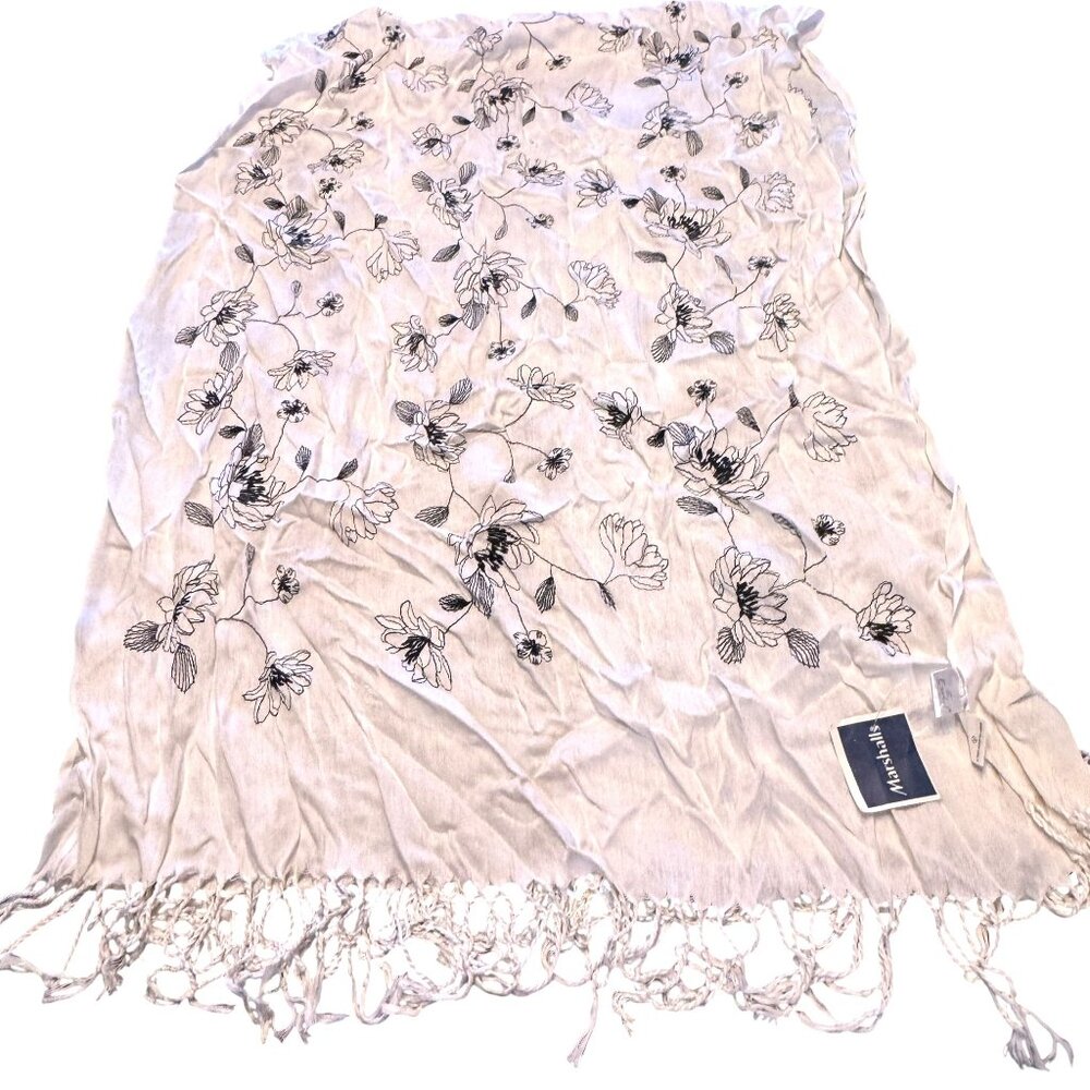 Eyeful White Scarf W/ Black Floral Embroidery  Fringe Detail 100% Viscose